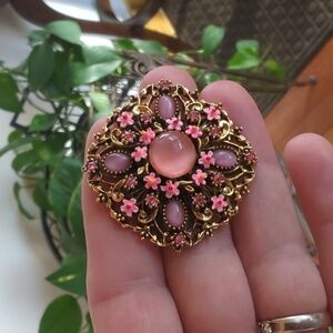 Vintage ART Arthur Pepper Brooch Pink Cabochons Enamel Flowers